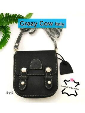CRAZY COW Italy Unisex Black Genuine Leather Matte Crossbody Purse Belt Bag Flap
